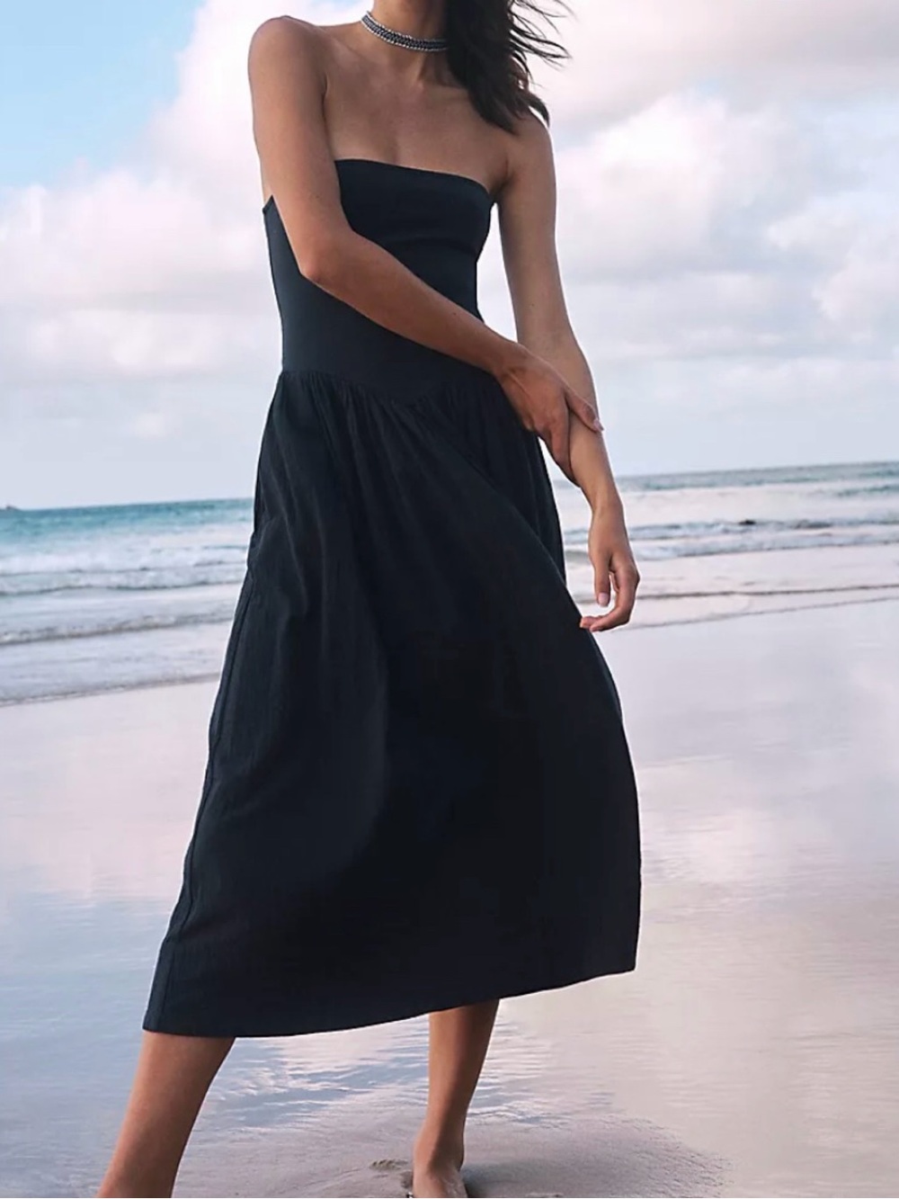 Free People Black Strapless Drop Waist Midi Dress